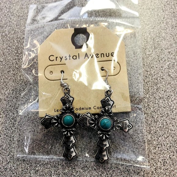 Silvertone & Turquoise Cross Earrings - Picture 3 of 3